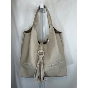 Big Buddha Shoulder Bag Leather Handbag Taupe Boho Tassel Whipstitch Hobo